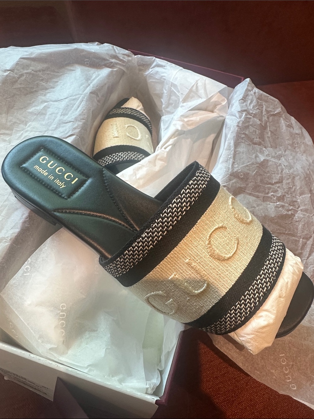 Gucci Beige and Black Embroidered Logo Slide Mules - Picture 8 of 8